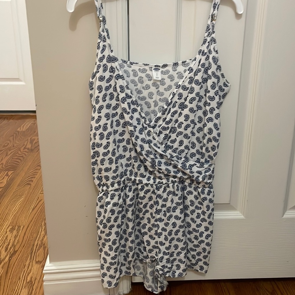 Blue and white paisley romper